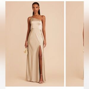 Birdy Grey One-Shoulder High Slit Gown in Matte Champagne Gold Dress